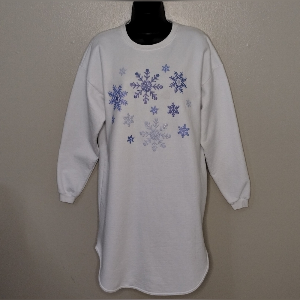 VTG 80s 90s Women's One Size Sweatshirt Dress Snowflakes White Relax Fit USA